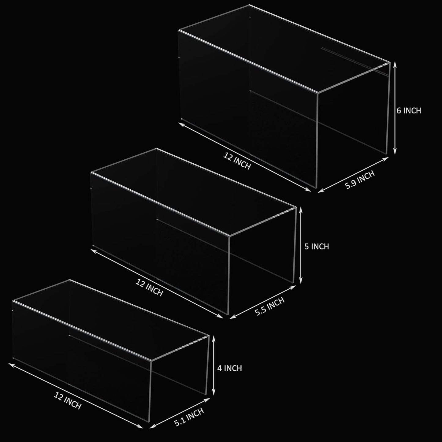 Clear Display Risers Shelf 3pcs, Countertop Rectangular Acrylic Display Storage Organizer, Acrylic Stands for Funko Pop Figure, Cosmetics, Bags, Shoes, Toys, Collectibles - 12- 4'', 5'', 6''