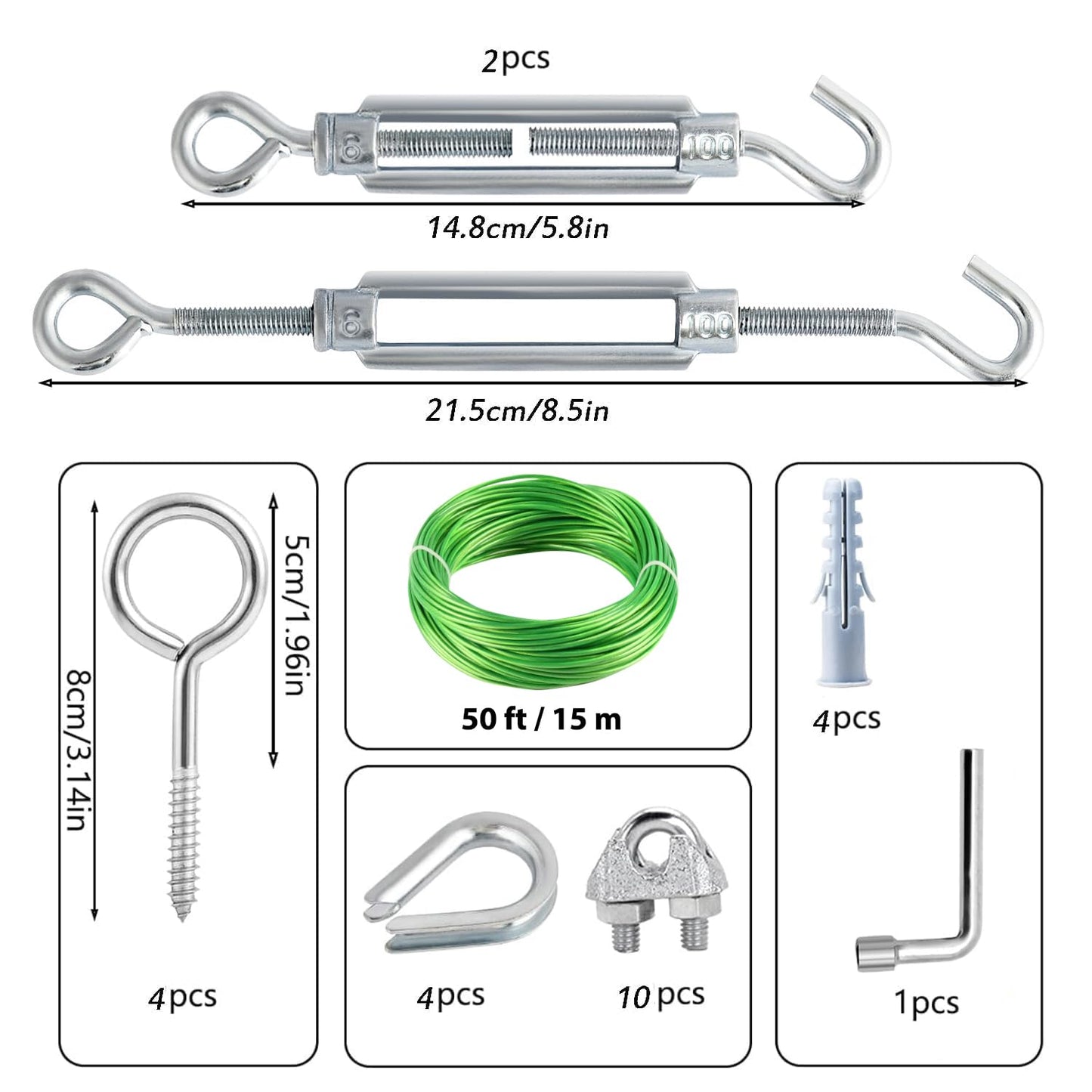 M6 Turnbuckles for Cables Wire, 3/16" Green PVC Coated Wire Rope Kit, Multi-use Steel Cable for Grape Vines/Clothes Line Outdoors for T Post/String Light Hanging/Garden Wire
