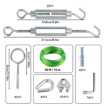 M6 Turnbuckles for Cables Wire, 3/16" Green PVC Coated Wire Rope Kit, Multi-use Steel Cable for Grape Vines/Clothes Line Outdoors for T Post/String Light Hanging/Garden Wire