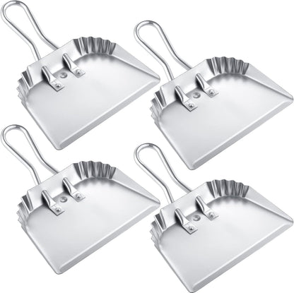 Mumufy 4 Pack 12 inch Heavy Duty Metal Dustpan Large Wide Dust Pans for Household Handheld Wide Scooper and Debris Cleaning Tool Ideal for Home and Commercial Use (Silver)