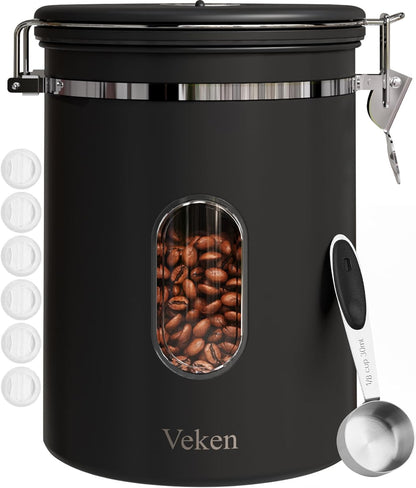Coffee Canister Set 16 + 22 + 38 oz with Window, Airtight Stainless Steel Kitchen Food Storage Container with Date Tracker and Scoop for Grounds Coffee, Beans, Tea, Flour, Cereal, Sugar, Black