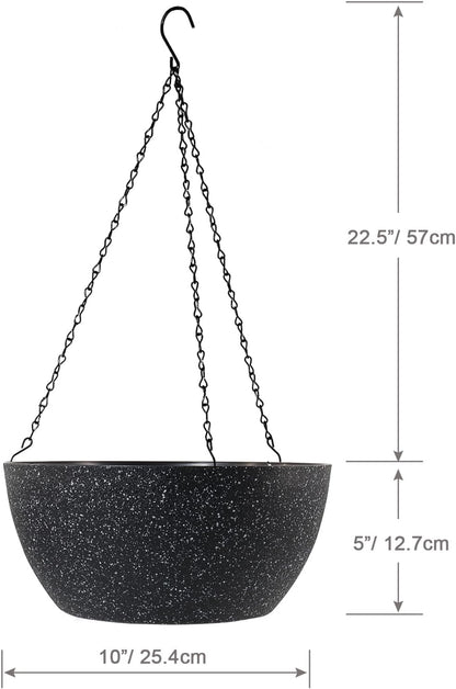 10 inch Hanging Planters for Outdoor Indoor Plants with Drainage Holes and Chain, 2 Pack Round Hanging Flower Pots for Garden Home Porch Decor, Speckled Black