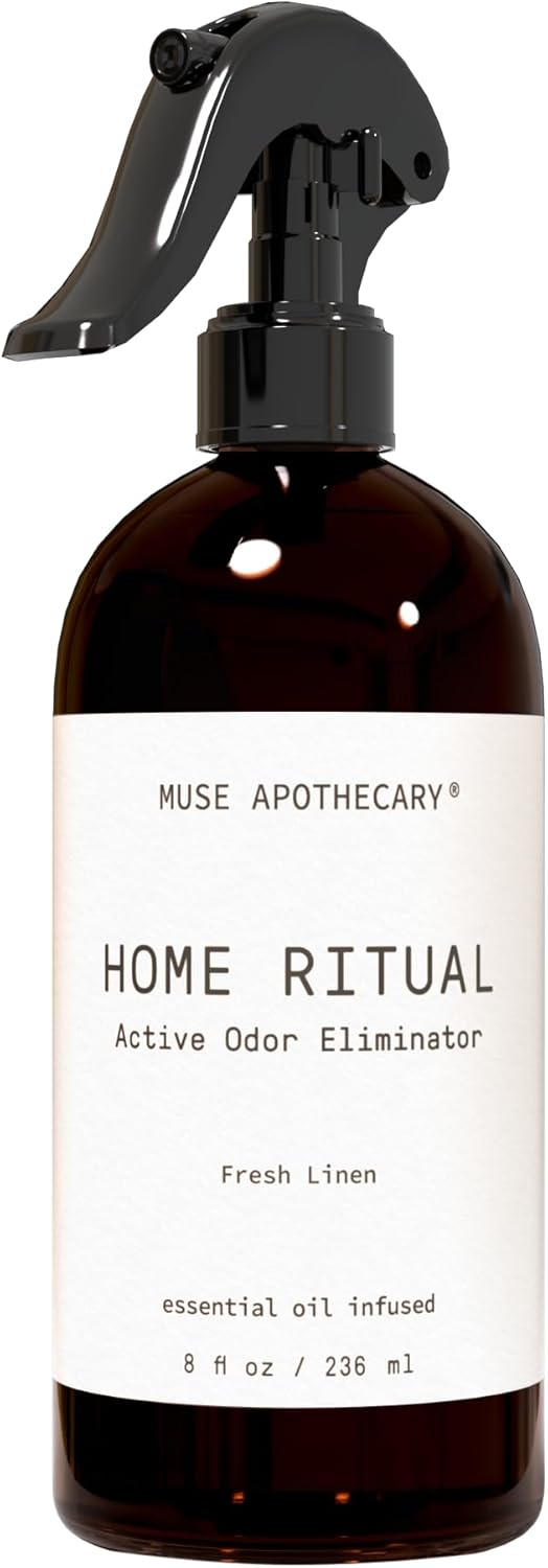 Muse Apothecary Home Ritual Active Odor Eliminator Spray - Furniture Deodorizer Spray & Bathroom Odor Eliminator for Home - Essential Oil Air Freshener - 8oz, Fresh Linen