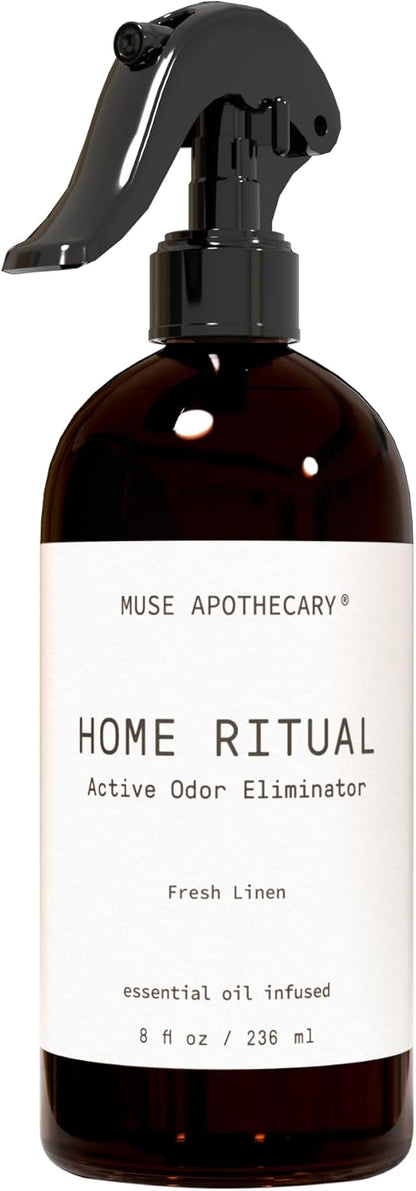 Muse Apothecary Home Ritual Active Odor Eliminator Spray - Furniture Deodorizer Spray & Bathroom Odor Eliminator for Home - Essential Oil Air Freshener - 8oz, Fresh Linen