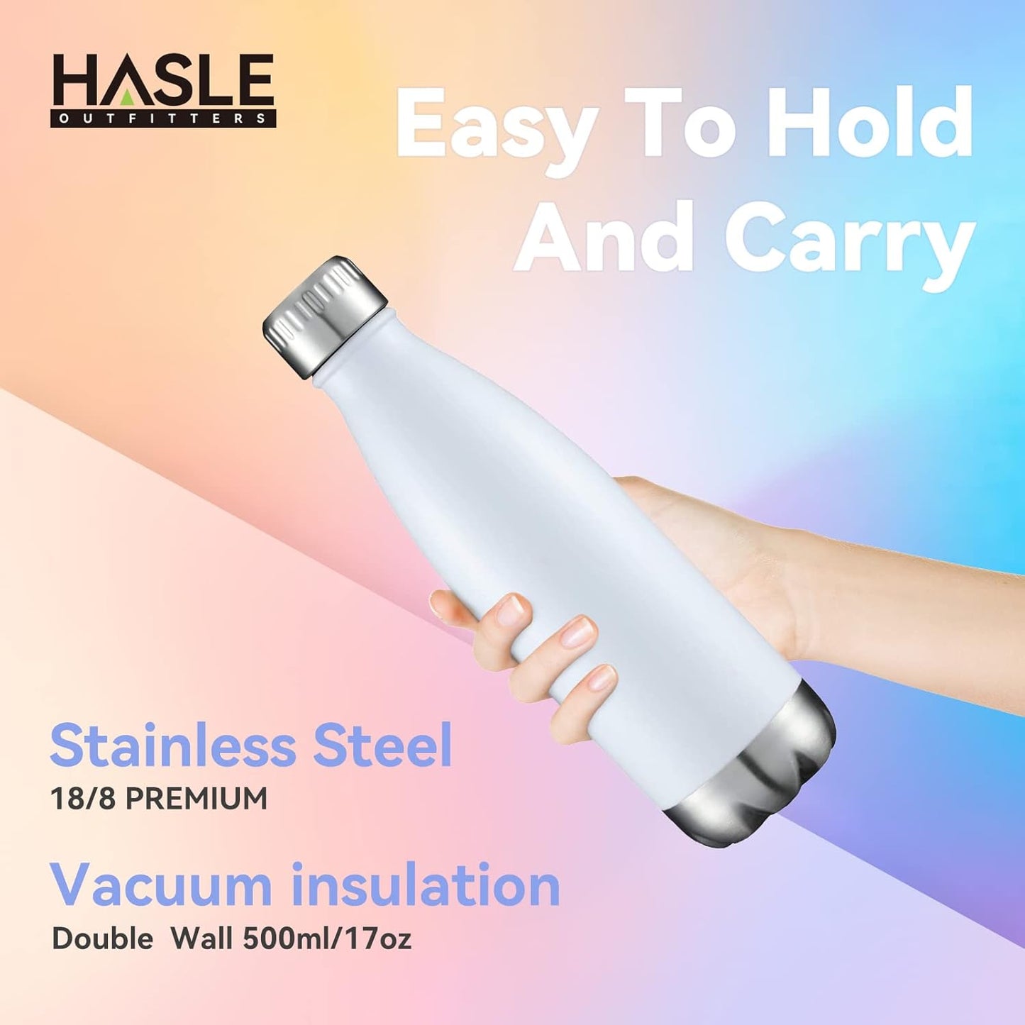 HASLE OUTFITTERS 17oz Stainless Steel Water Bottles Bulk, Vacuum Insulated Water Bottles Double Walled Powder Coated Reusable Metal Sports Water Bottles Keep Drinks Hot and Cold, White, 4Packs