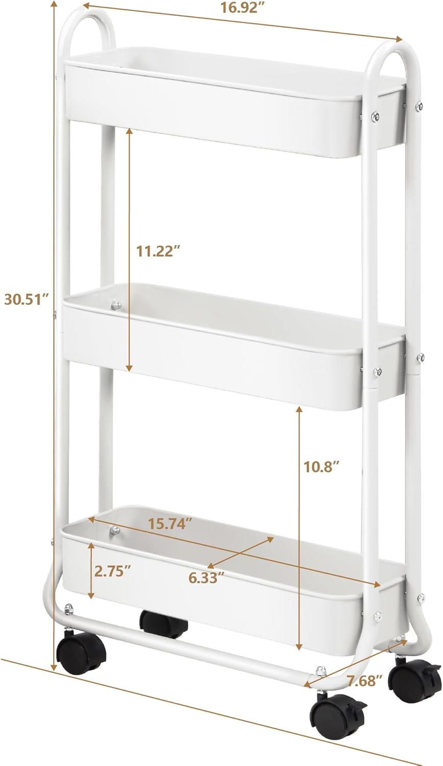 SunnyPoint Slim Rolling Storage Cart, 3 Tier Bathroom Storage Organizer Bathroom, Laundry Utility Cart (White)