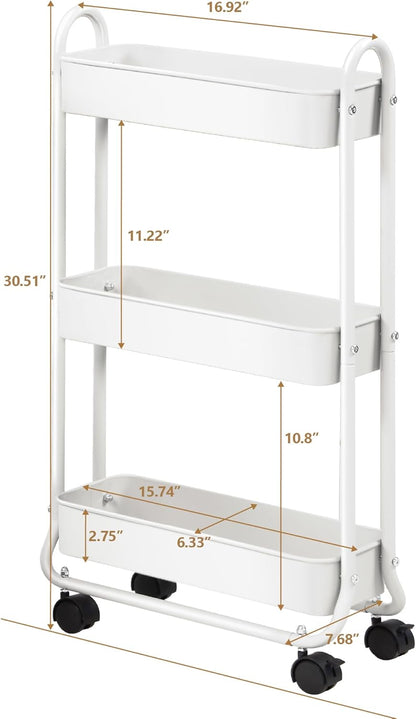 SunnyPoint Slim Rolling Storage Cart, 3 Tier Bathroom Storage Organizer Bathroom, Laundry Utility Cart (White)