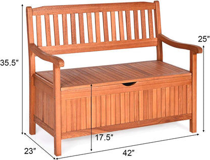 Tangkula Outdoor Wood Storage Bench Deck Box, Entryway Porch Storage Bench with Inner Removable Dust-Proof Lining & Portable Handles, Eucalyptus Wood Loveseat for Garden, Lawn, Balcony & Yard