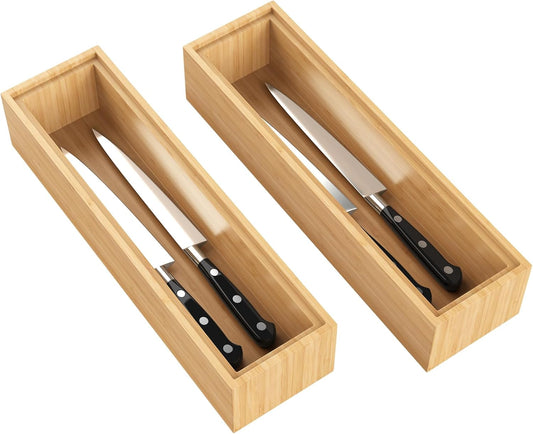 Bamboo Drawer Organizer, 2PCS Stackable Storage Boxes for Utensil Organizer, Wood Tray for kitchen, Bathroom and Bedroom 12" x 3" x 2"