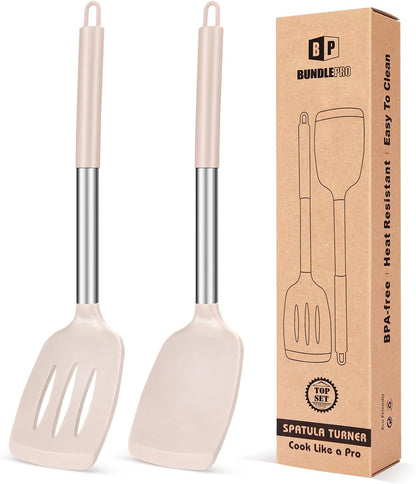 Pack of 2 Silicone Solid Turner, Non Stick Slotted Kitchen Spatulas, High Heat Resistant BPA Free Cooking Utensils, Ideal Cookware for Fish, Eggs, Pancakes(Stainless Steel Khaki)