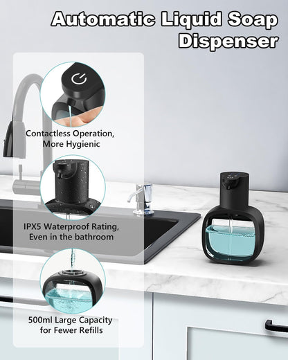 lazycozy® Automatic Soap Dispenser, Touchless Electric Soap Dispenser, 17oz, Rechargeable via USB-C, 4 Dispensing Modes, Wall Mount or Countertop, for Kitchen Sink, Bathroom, Hand, Dish, Black