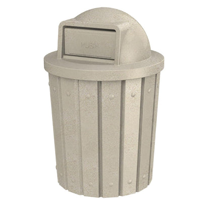 42 Gallon Slated Circle 100% Recycled Plastic Commercial Outdoor or Indoor Trash Can with Push Open Dome Lid and Internal Liner | Great for Schools and Businesses - Beige Granite