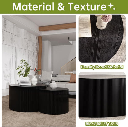 Round Nesting Coffee Table Set of 2 Small Round Coffee Tables for Living Room Modern Fluted Coffee Table Circular End Table Side Table for Small Spaces No Assembly (Black B, 27 in)