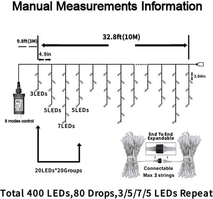 YEGUO 33ft 400 LED Red and Green Icicle Lights Outdoor Waterproof, 80 Drops Icicle String Light Connectable, 8 Modes Icicle Christmas Lights with Memory Timer