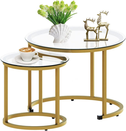 aboxoo Gold Nesting Coffee Table Set of 2, Small Glass Round Nesting Tables for Living Room Bedroom, Accent Tea Table with Metal Frame Modern Industrial Simple