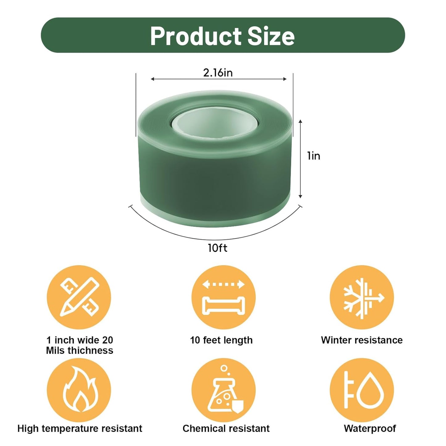 Self Fusing Silicone Tape 2 Rolls 1 in x 10' Green Waterproof Rescue Tape Rubber Leak Silicone Self-amalgamating Tape for Plumbing, Sealing Pipes, Hose Repair, Outdoor Coax and Tool Fixation