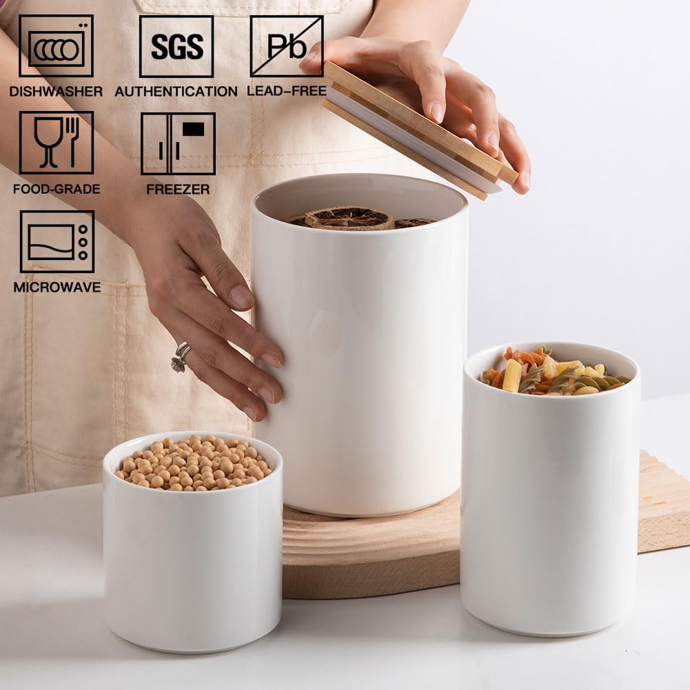 Sweejar Ceramic canisters for kitchen counter,Stackable Food Containers Set with Airtight Seal Bamboo Lid for Serving Ground Coffee, Tea, Spice, Flour and Sugar-Set of 3 (White)