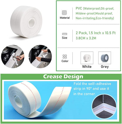 2 Pack Caulk Strip, 1.5" x 10.5Ft PVC Self Adhesive Caulk Tape, Sealing Waterproof Silicone Tape for Bathroom Bathtub Kitchen Toilet Wall Windows