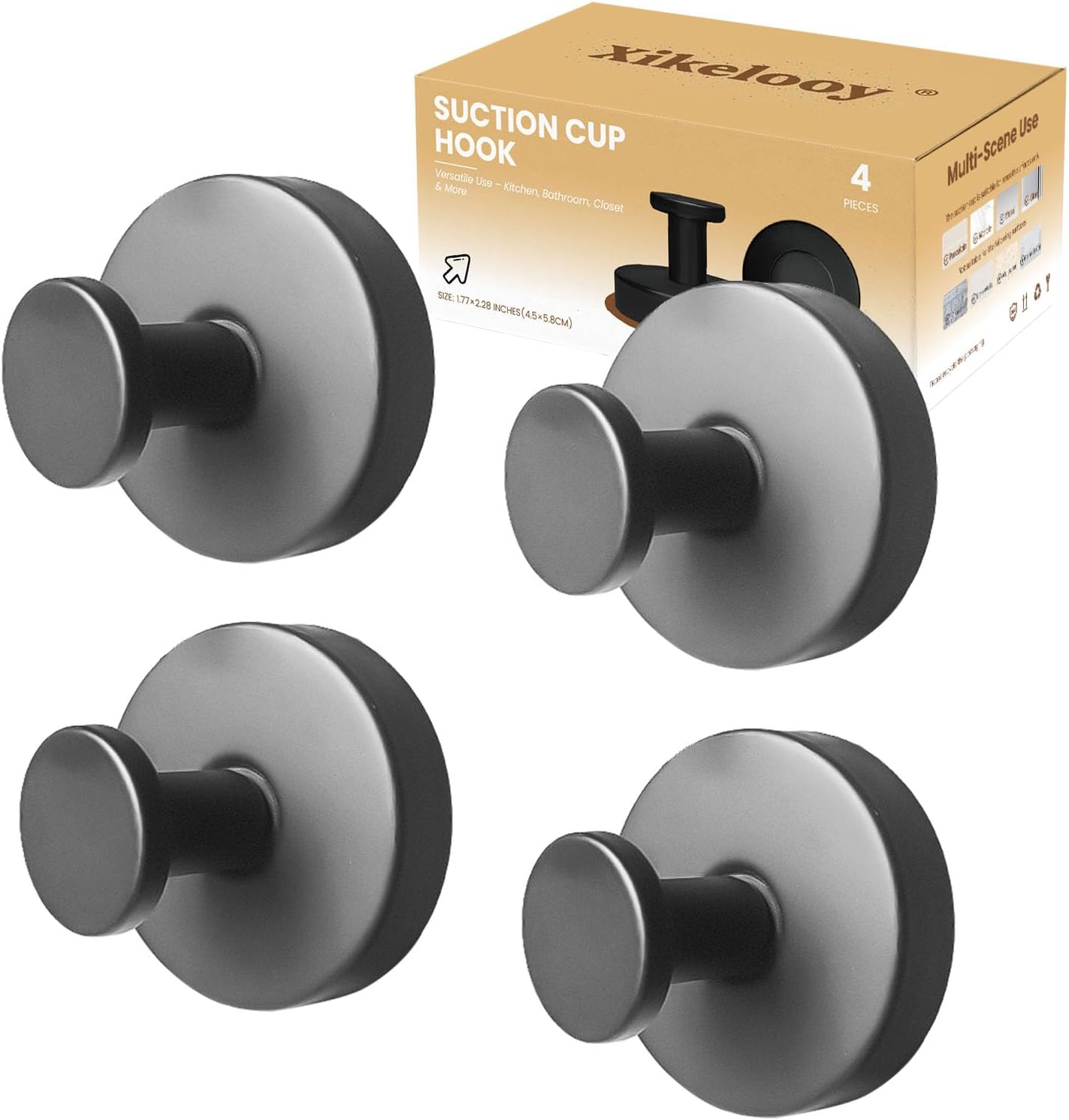 4 Pcs Suction Cup Hooks for Shower，Removable Hooks，Towel Hook，Suction Hook for Bathroom, Bedroom, Glass Window (Dark Grey)