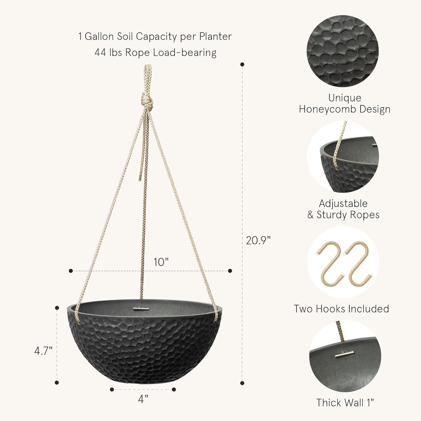 LA JOLIE MUSE Hanging Planters for Indoor Plants, Medium Hanging Planters with Drain Holes, Outdoor Hanging Flower Pots, Matte Black, Honeycomb (10 Inch, Set of 2)