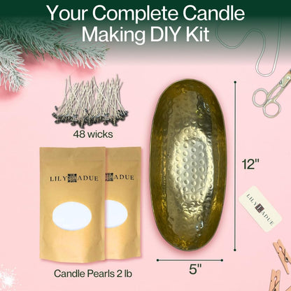LILY LADUE Candle Refill Kit - 2Lb/32Oz Pearled Candles Sand and Wicks (48) and Hammered Gold Holder, Reusable Unique Sand Candles with Wicks for Candle Making, Bulk Unscented Pearl Wax Beads