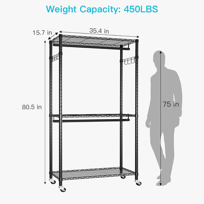 FUTASSI P1 Heavy Duty Garment Rack, 3 Tiers Adjustable Rolling Metal Closet Organizer with Lockable Wheels, FreeStanding Wardrobe with Double Hanger Rods & 1 Pair Hooks, Max Load 450 LBS, Black
