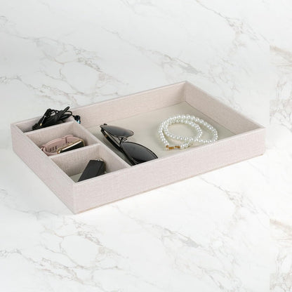 Desktop Storage Organizer, Nightstand or Dresser Organizer, Valet Tray, Entry Table Organizer, 4 Compartments,PU Leather Drawer Storage Organizer Decorative Trays. (Pearl White—2)