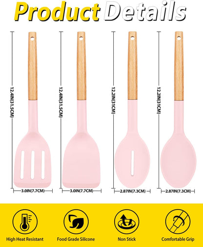 Pack of 4 Silicone Cooking Utensils Set, Non Stick Solid Spatulas and Heat Resistant Slotted Spoons with Wooden Handle, Ideal Wood Kitchen Utensils Set for Frying,Serving,Turning,Stirring (PINK)