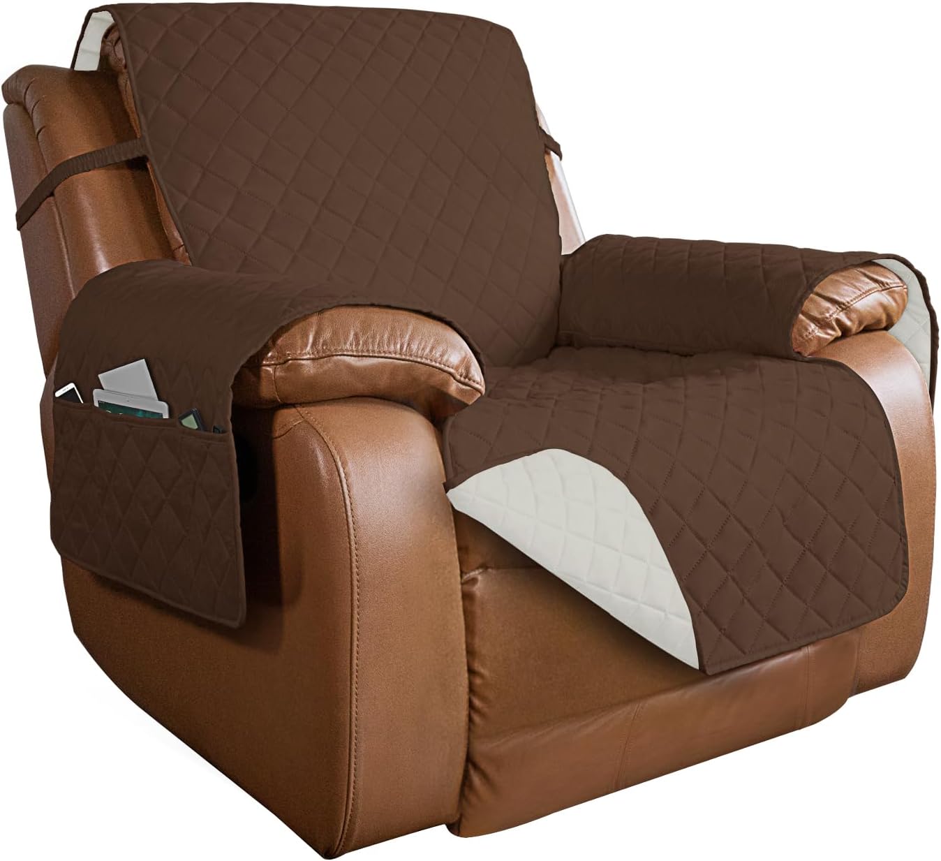 PureFit Reversible Quilted Sofa Cover, Water Resistant Furniture Protector, Washable Couch Cover with Non Slip and Elastic Straps for Kids, Dogs, Pets (Oversized Recliner, Coffee/Ivory)