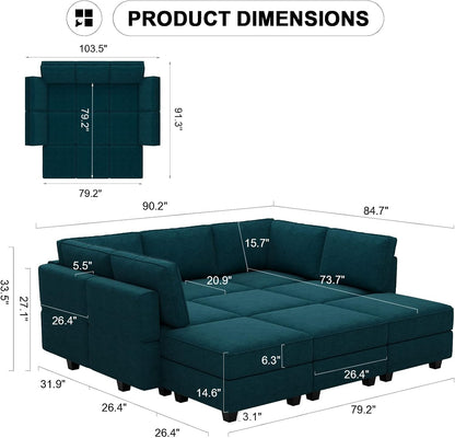 Belffin Modular Sectional Sleeper Sofa Couch with Storage Ottoman Convertible Sectional Couches for Living Room Terry Reversible Chaise. Peacock Blue Sofa