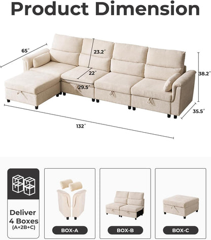 132'' Oversized Modular Sectional Sofa, L Shaped Comfy Cloud Sectional Couch with Storage, 5 Seat Extra Deep Seat Modular Sofas with Throw Pillows for Living Room, Beige