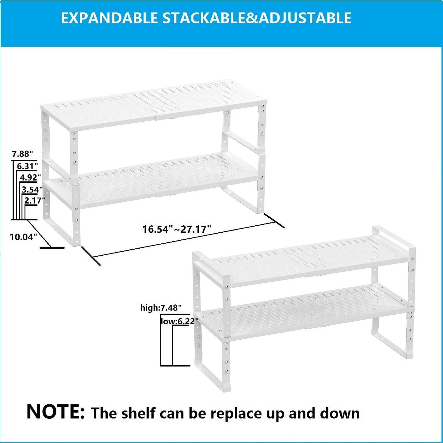 Expandable,Adjustable & Stackable Spice Rack, Cabinet Kitchen Countertop Shelf Organizer,Metal Pantry Storage Shelves - Space-Saving Storage Solution(2Packs/White/Large)