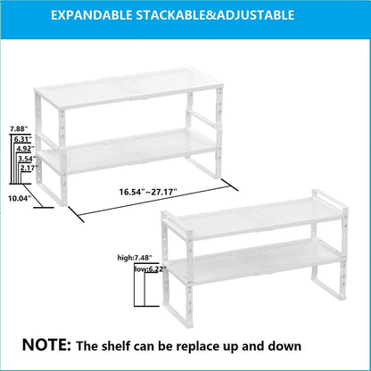 Expandable,Adjustable & Stackable Spice Rack, Cabinet Kitchen Countertop Shelf Organizer,Metal Pantry Storage Shelves - Space-Saving Storage Solution(2Packs/White/Large)
