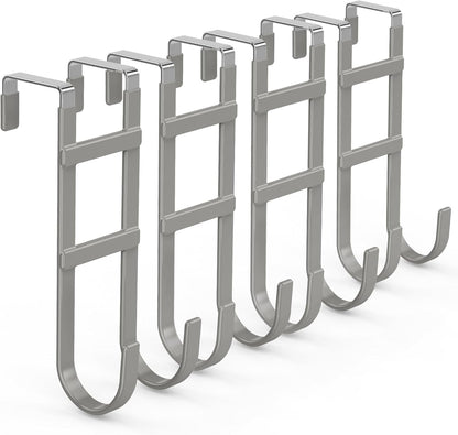 FYY Over The Door Hooks - 4 Pack Heavy Duty Dual-Hook Organizer Hanger with Non-Slip Rubber for Towels, Clothes, Hats & Bags Use in Bathroom, Bedroom, Kitchen - Fits Interior Doors Up to 1.6" Grey