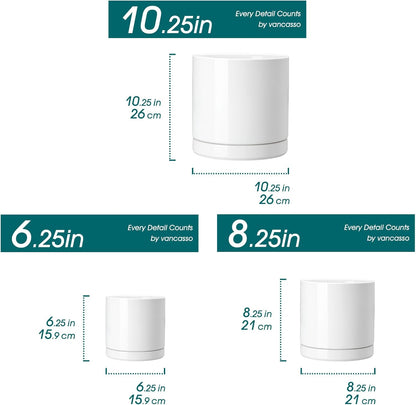 vancasso Ceramic Planters, Plant Pots for Indoor Plants, 6.25+8.25+10.25 Inch Ceramic Pots for Plants, Flower Pots with Drainage Holes, Planters Pot for Indoor House Plant, Set of 3, White