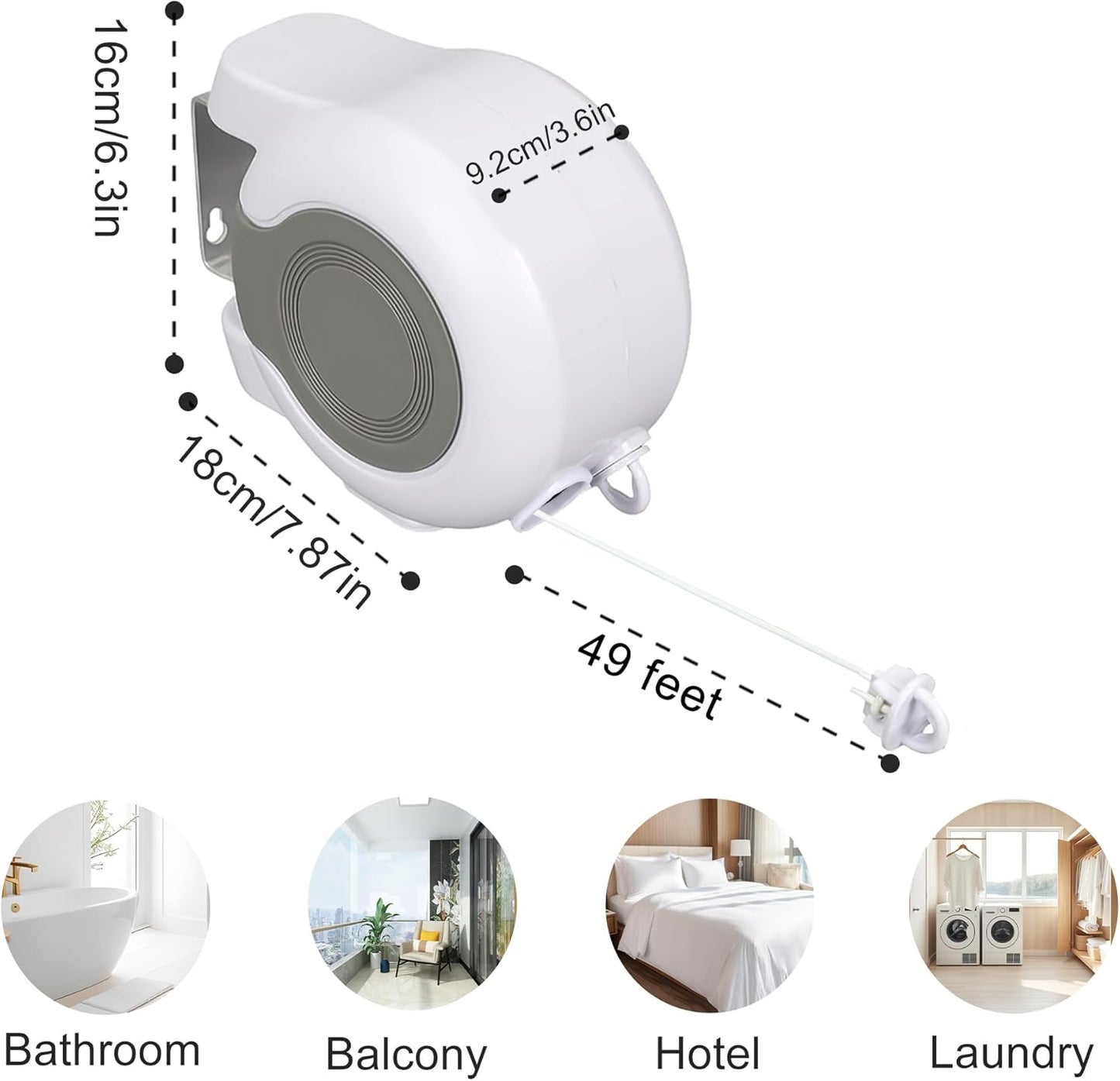Retractable Clothesline Outdoors, 49 Feet PVC Heavy Duty Retractable Clothes Line, Compact Design Clothes Line Outdoors Space Saving, Weatherproof for Garden, Patio, Balcony