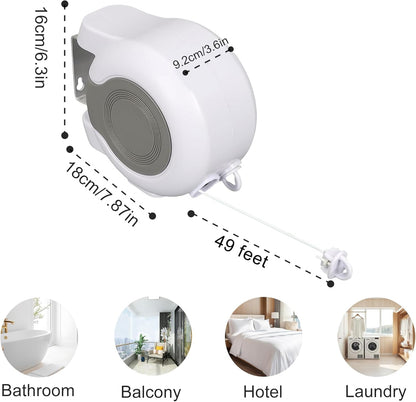 Retractable Clothesline Outdoors, 49 Feet PVC Heavy Duty Retractable Clothes Line, Compact Design Clothes Line Outdoors Space Saving, Weatherproof for Garden, Patio, Balcony