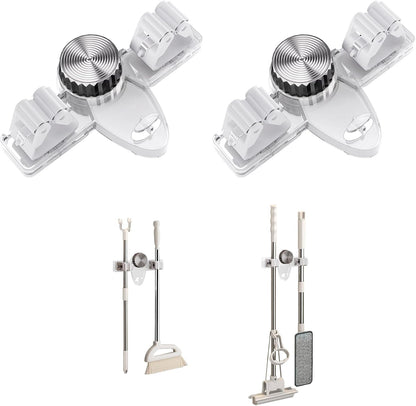 Mop and Broom Holder Wall Mount, No Punching Required Broom and Mop Organizer Wall Hanging with Hooks for Bathroom, Laundry Room, Garage, Kitchen,Garden Tool Organizer Storage (2pcs Transparent)