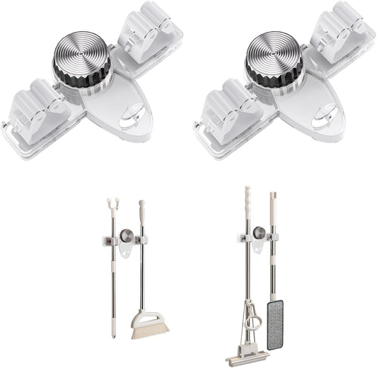 Mop and Broom Holder Wall Mount, No Punching Required Broom and Mop Organizer Wall Hanging with Hooks for Bathroom, Laundry Room, Garage, Kitchen,Garden Tool Organizer Storage (2pcs Transparent)