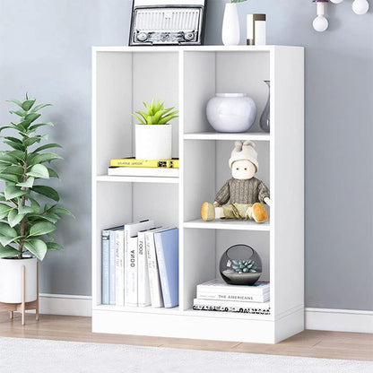 IOTXY Open Shelf Low Bookcase - Wooden 3-Tier Floor Standing Display Cabinet Organizer with Base, 5 Cubes Short Horizontal Bookshelf in Warm White