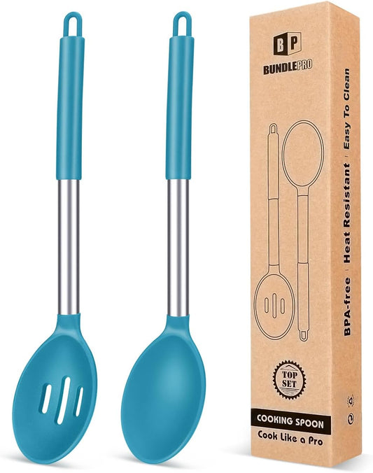 Pack of 2 Large Silicone Cooking Spoons,Non Stick Solid Basting Spoon,Heat-Resistant Kitchen Utensils for Mixing,Serving,Draining,Stirring (BLUE)