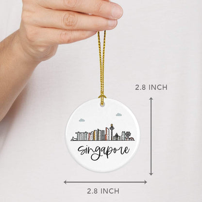 Andaz Press Round Ceramic Porcelain Christmas Tree Ornament Keepsake Gift, Singapore, Colorful International City Skyline Graphic, 1-Pack, Birthday Ideas Family Coworker Him Her, Gift Box