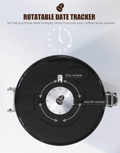 HAIOOU Airtight Coffee Canister, 16OZ Small Stainless Steel Coffee Bean Storage Container with Date Tracker, Measuring Scoop, CO2 Releasing Valves and Mini Tongs for Beans, Grounds and more - Silver