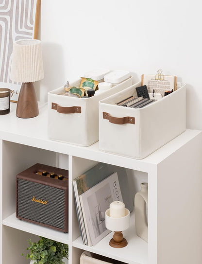 StorageWorks Narrow Storage Bins, Small Basket for Closet and Shelves, Rectangular Fabric Organizer with Handles, Toilet Paper Storage, Beige, 2-Pack