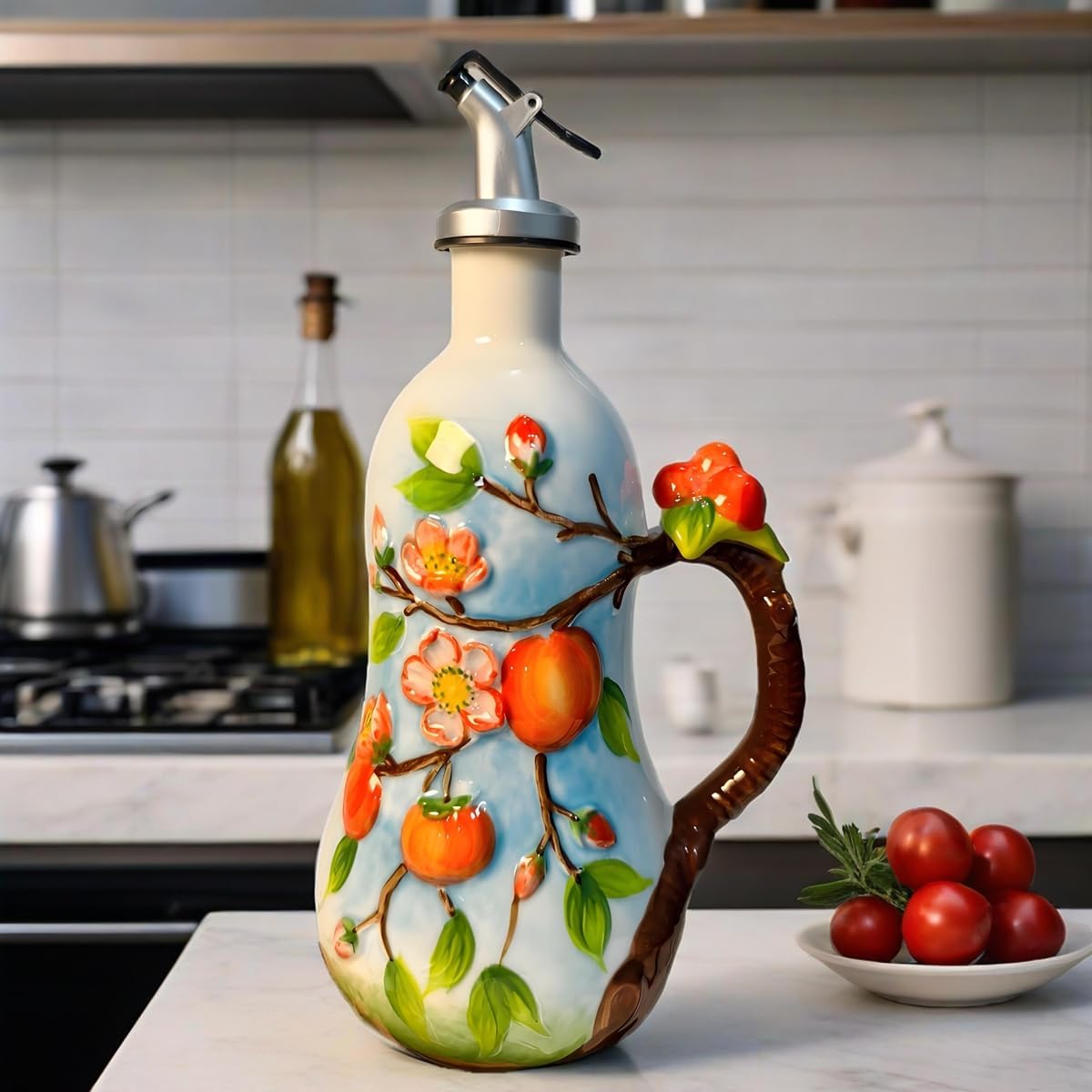 18 Oz Hand Painted Relief Ceramic Olive Oil Bottle Dispenser for Kitchen, Oil and Vinegar Bottle, Seasoning Bottle with Stainless Steel Nozzle, 540mL Oil Container with Handle for Cooking, Light Proof