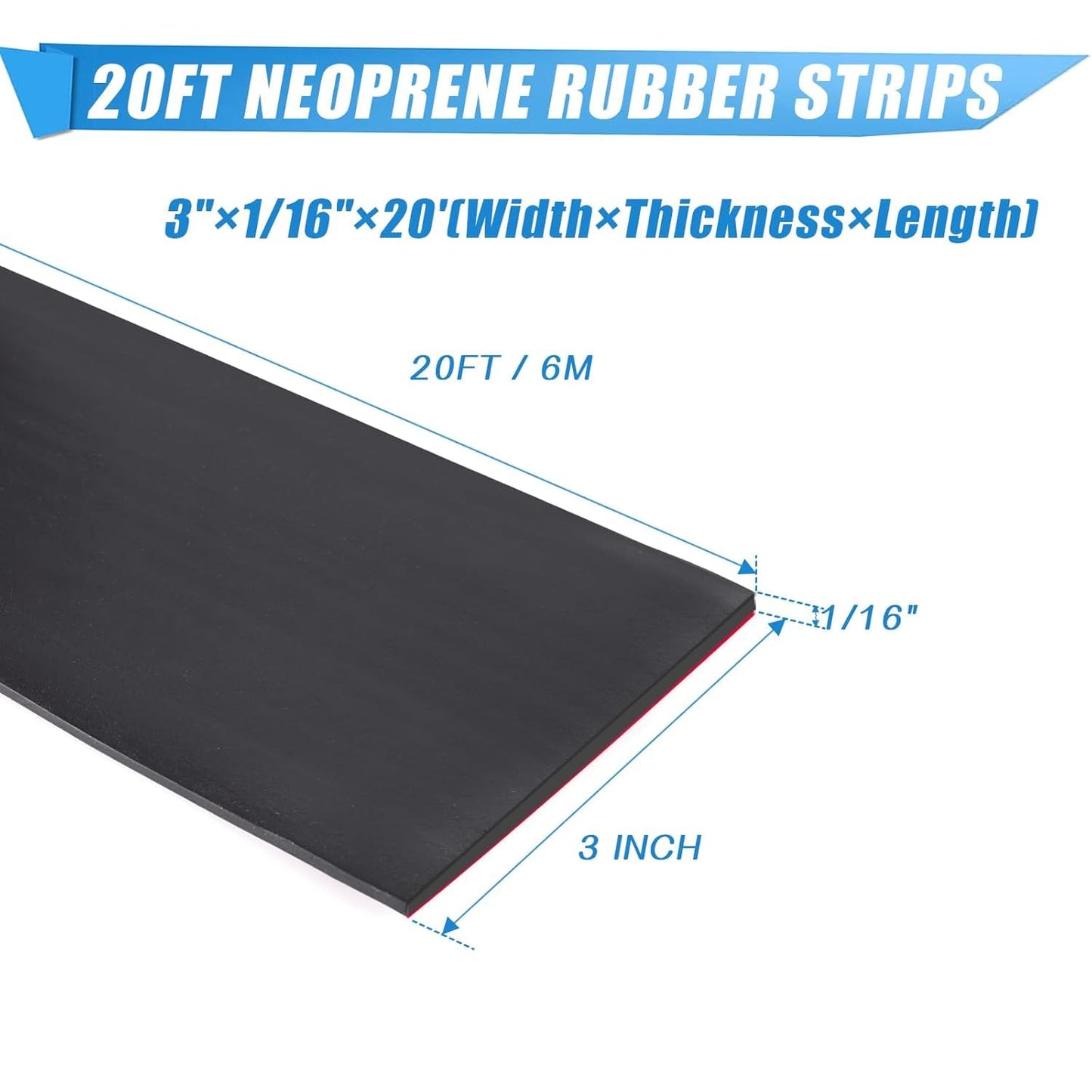 Neoprene Rubber Strips Self Adhesive Sheets, Rolls & Strips with Adhesive Backing Rubber Pads Self Stick Seal Gasket Tape for Matting Padding - 3” Wide x 1/16" Thick x 20' Long