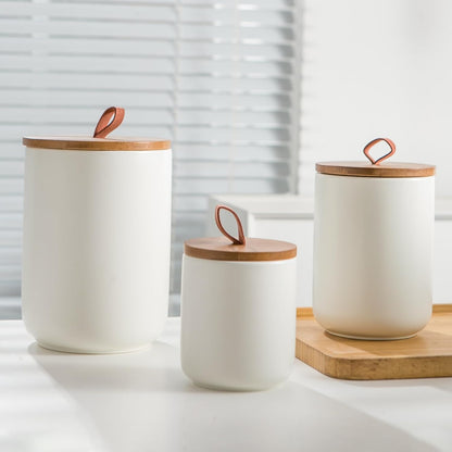 White Ceramic Canister Set with Wooden Lid, 3-Piece Food Storage Jars for Kitchen Counter, Storage Container for Coffee, Tea, Spice, Sugar, Grains, Salt