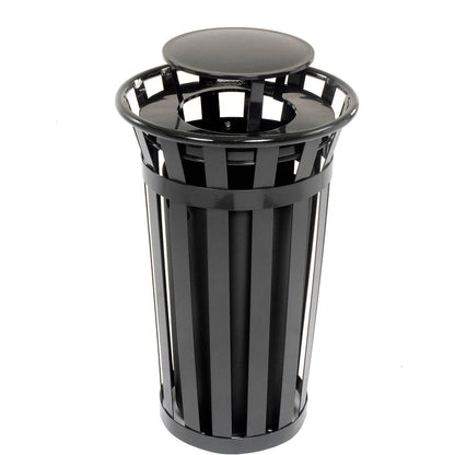 Global Industrial 24 Gallon Heavy-Duty Outdoor Metal Slatted Round Trash Receptacle with Rain Bonnet Lid, Powder Coat Finish, 23" Diameter x 41-3/4"H, Black