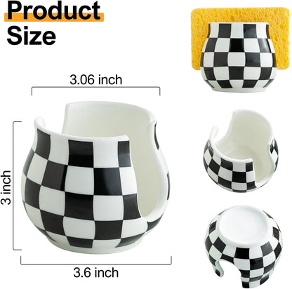 Checkered Sponge Holder for Kitchen Sink, Ceramic Dish Sponge Dish Rack Scrubby Holder Kitchen Organizer Cute Sink Caddy Organizer, Farmhouse Decor, Black and White