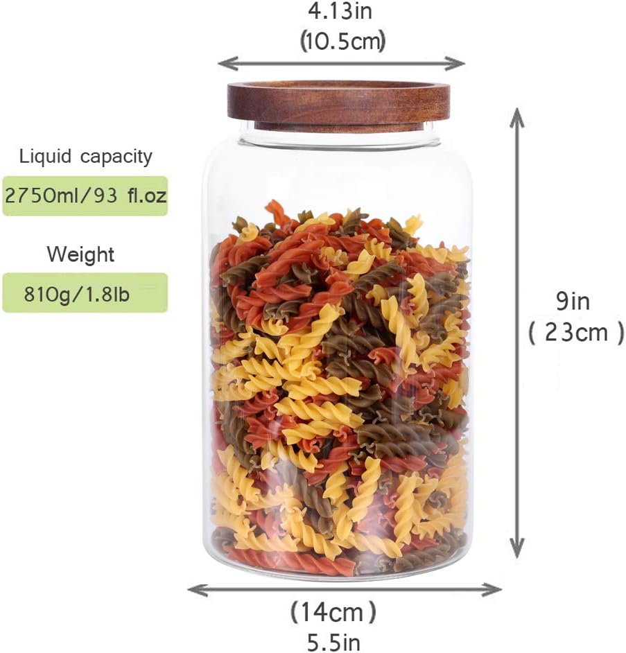 Large Glass Jar with Airtight Lid Set of 2 93 FL OZ(2750ml) glass canister set, Glass Food Containers Wooden Lid Suit for Kitchen Pantry for Flour, Tea, Coffee Beans, Sugar, Cookies(8.8 inch high)